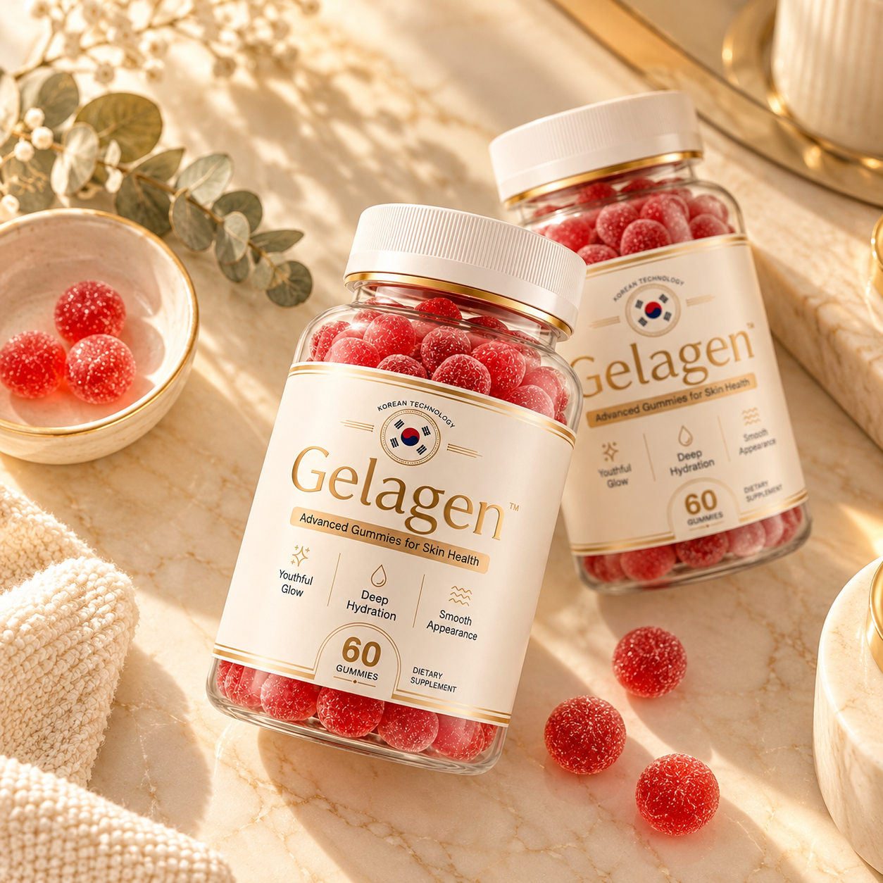 Gelagen bottle with gummies on a marble vanity