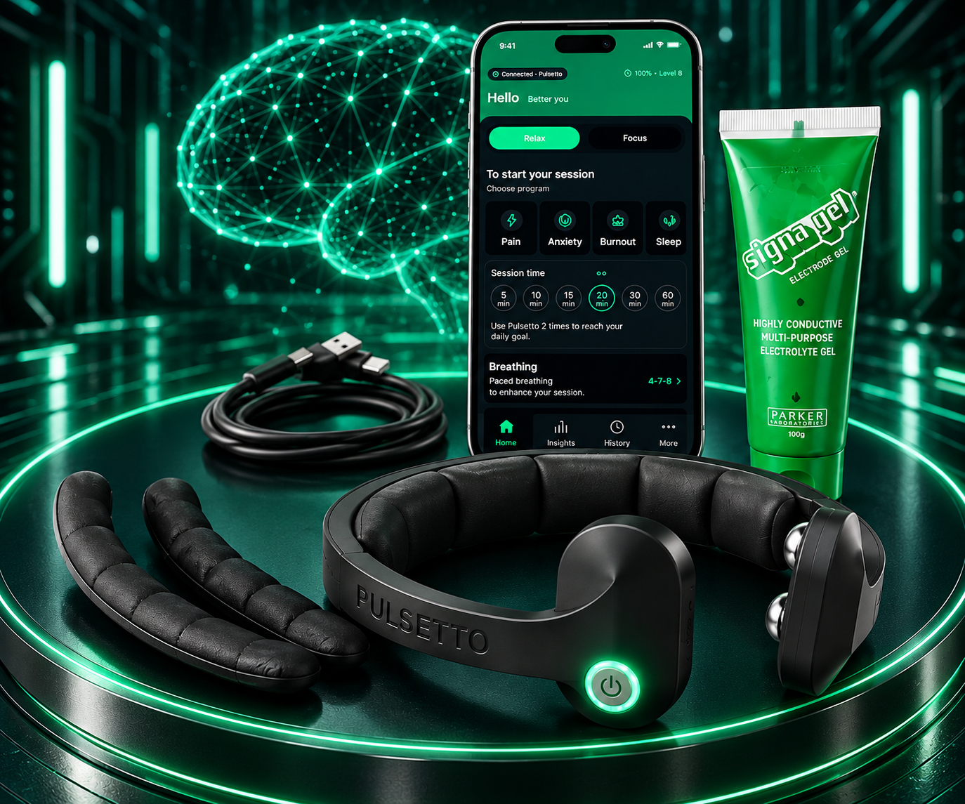 Pulsetto FIT box contents: device, pads, gel, cable and manual